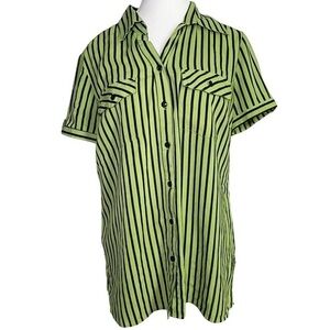 Unbranded Green & Black Striped Short Sleeve Button Down Shirt